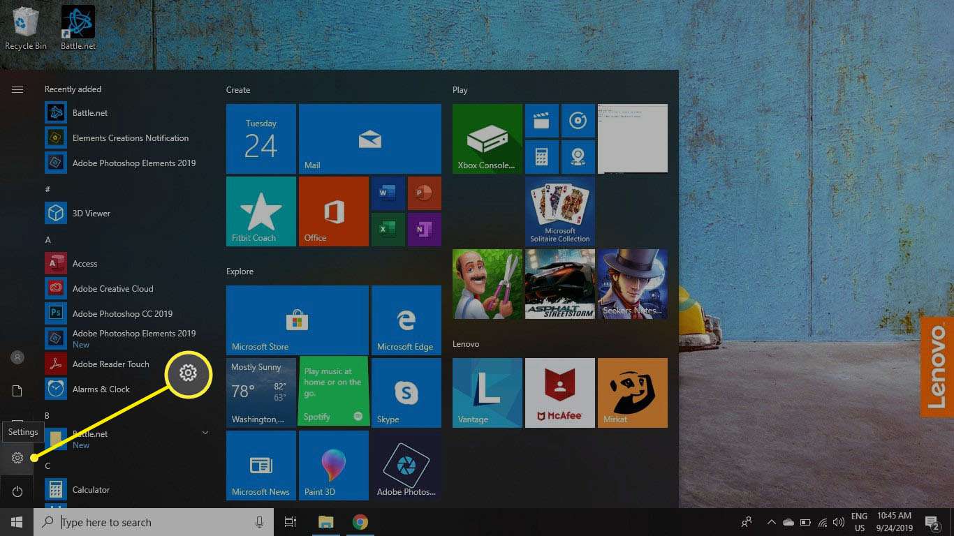 Vyberte ikonu Windows a poté pomocí ozubeného kola otevřete Nastavení systému Windows
