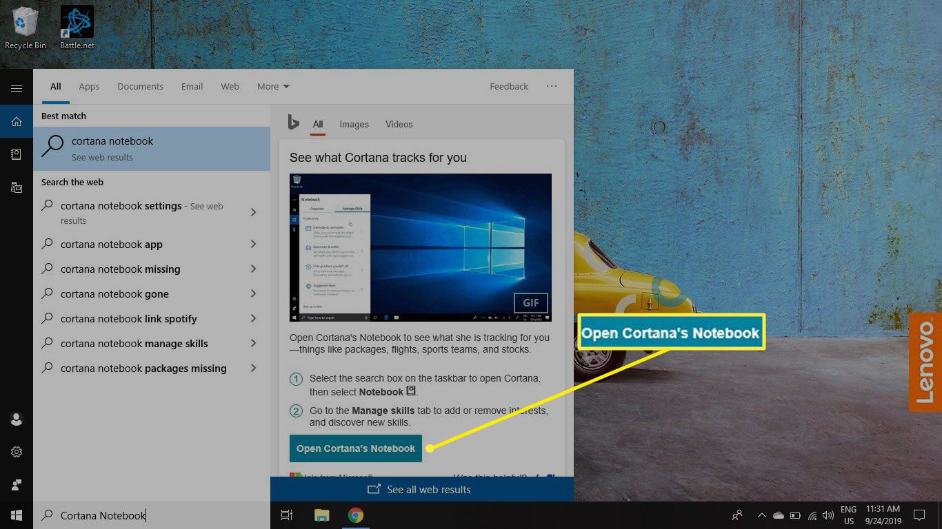 Do vyhledávacího pole systému Windows zadejte poznámkový blok Cortana a vyberte Otevřít poznámkový blok Cortany