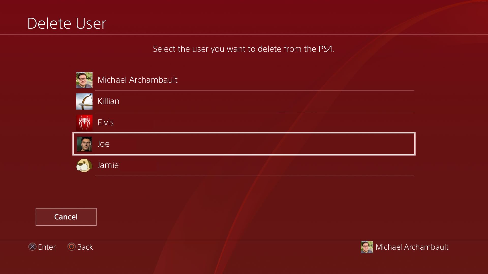 Screenshot PlayStation zobrazující uživatele k odstranění