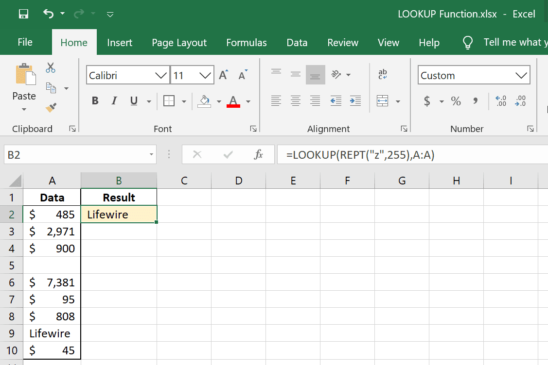 LOOKUP Vzorec aplikace Excel, který najde poslední textovou hodnotu v seznamu