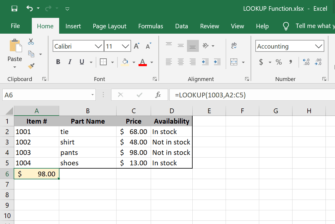 Příklad funkce pole LOOKUP v aplikaci Excel