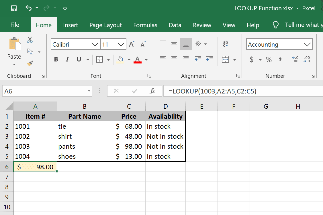 LOOKUP Příklad funkce Excelu