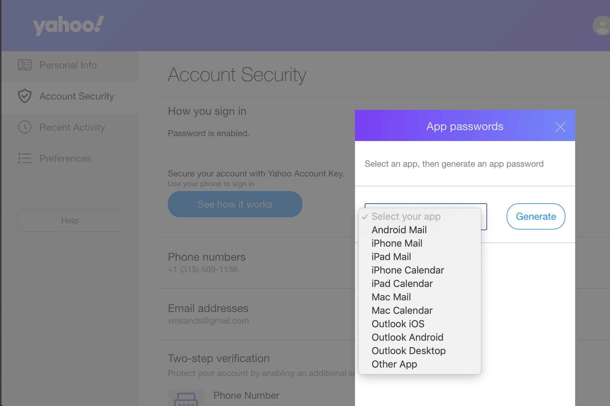 Generování hesla aplikace v Yahoo Mail