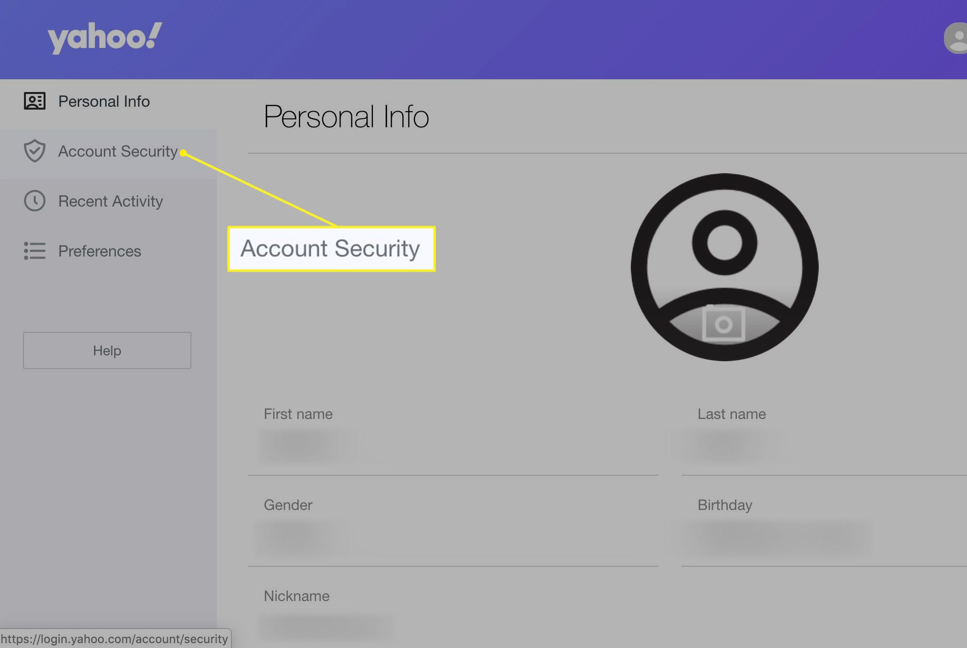 Informace o účtu Yahoo Mail se zvýrazněným Zabezpečením účtu