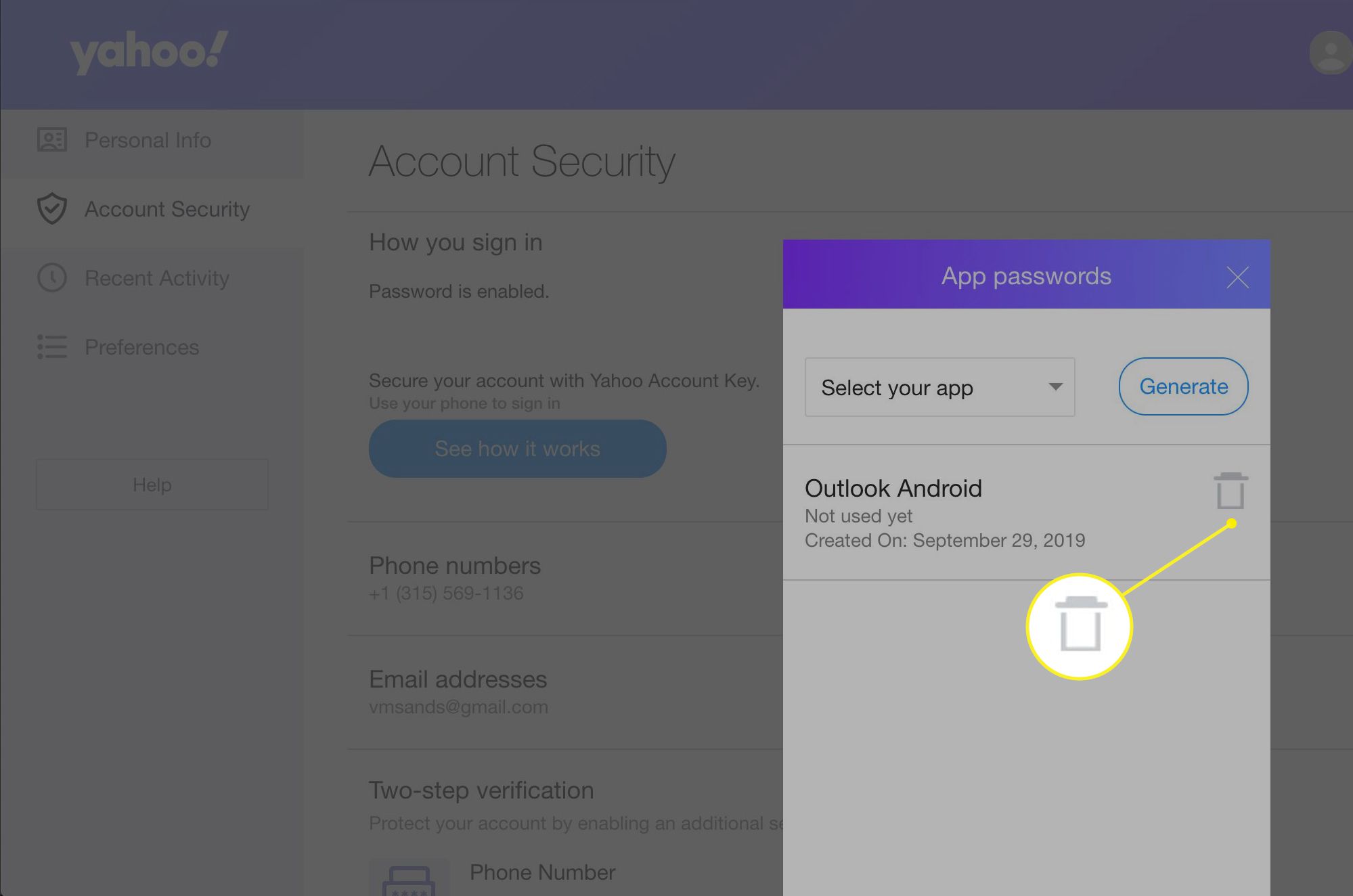 Odstranění hesla aplikace v Yahoo Mail