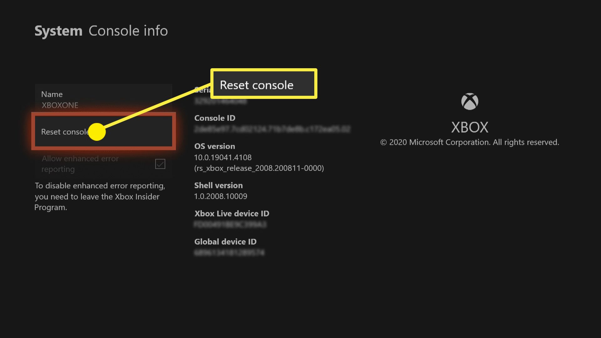 Snímek obrazovky s informační obrazovkou konzoly Xbox One.