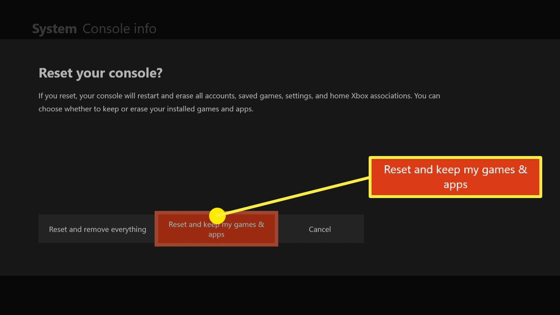 Snímek obrazovky s možností měkkého obnovení továrního nastavení na Xbox One.