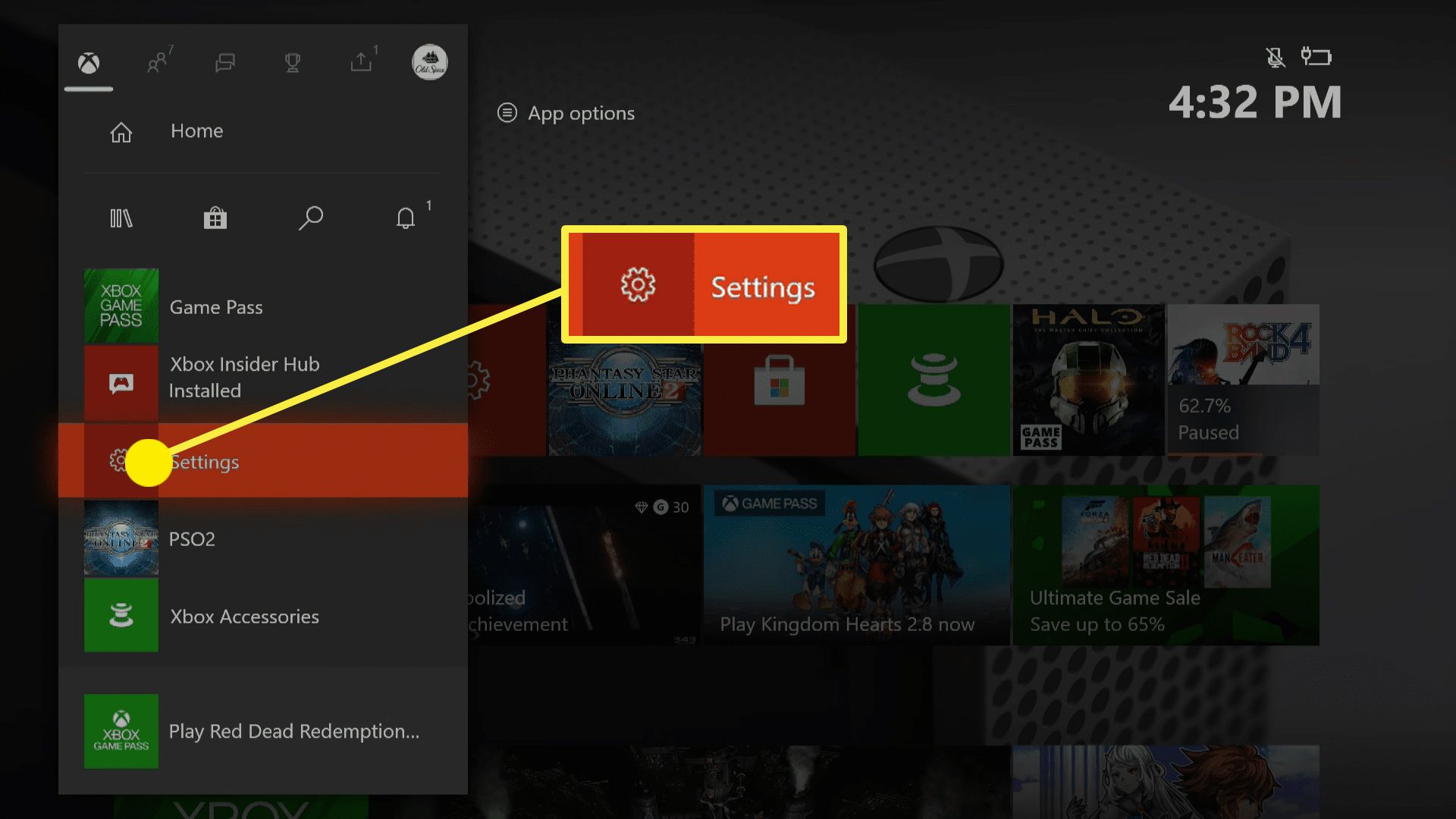 Snímek obrazovky s nabídkou průvodce Xboxem.