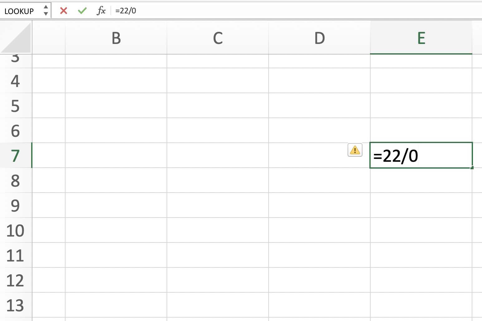 Snímek obrazovky aplikace Excel zobrazující chybu DIV