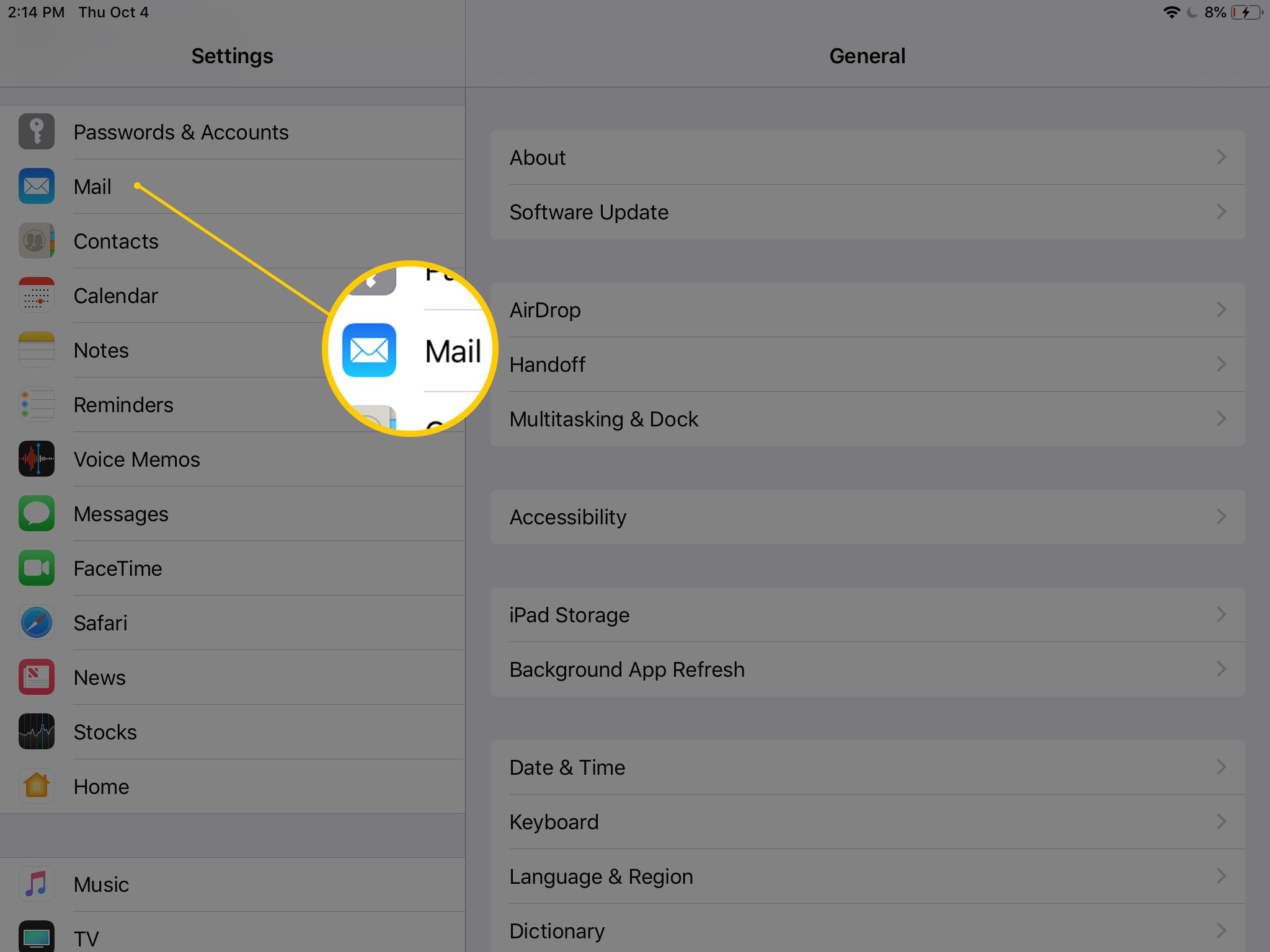 Ikona Popis pošty v aplikaci Nastavení na iPadu