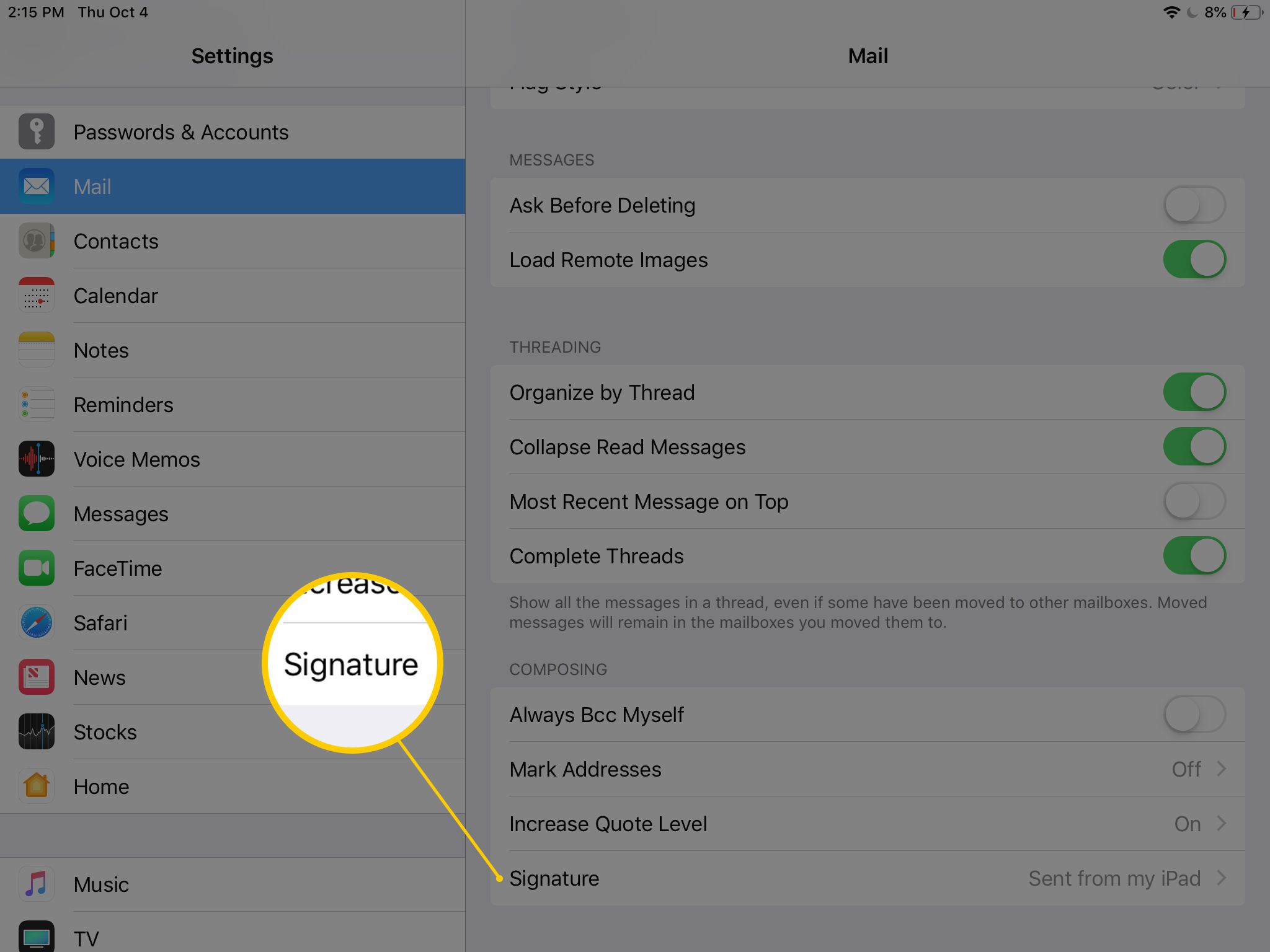 Podpisová oblast v Nastavení pošty v aplikaci Nastavení na iPadu