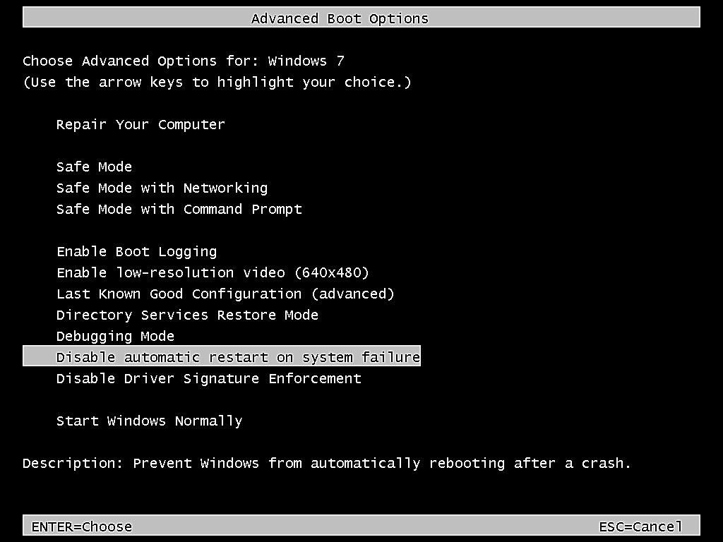 Screenshot z Windows 7 Advanced Boot Options Menu