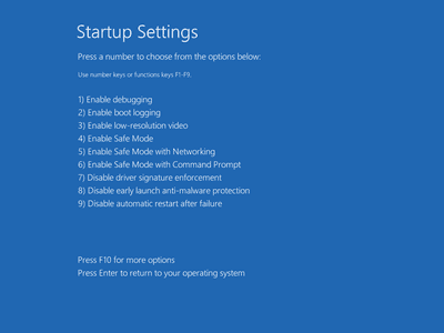 Screenshot z nabídky Startup Settings v systému Windows 10