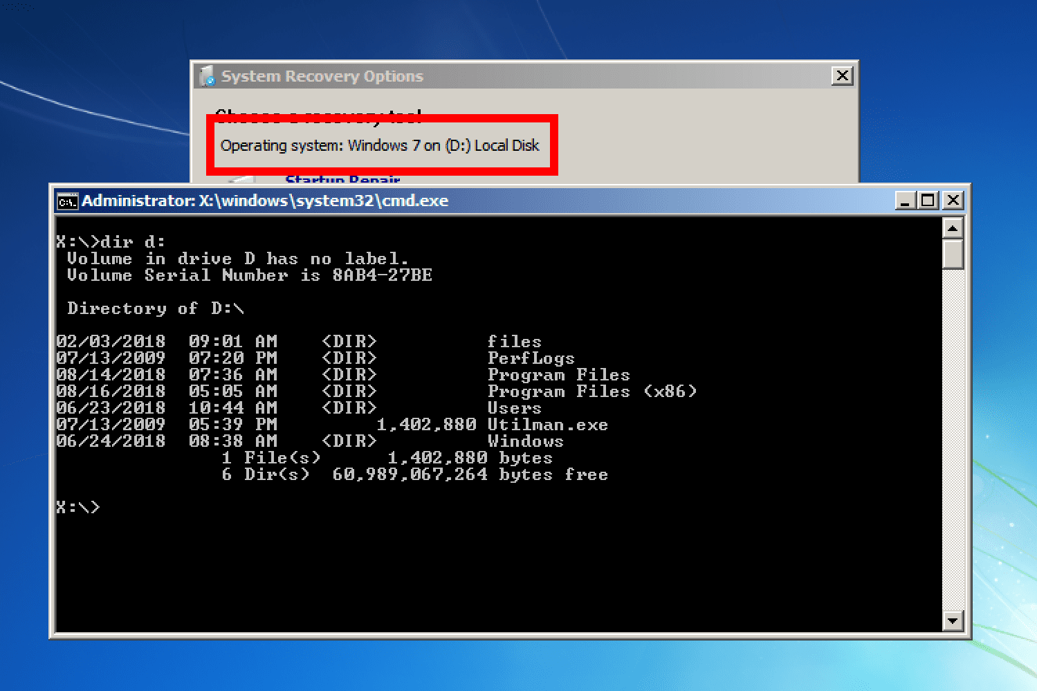 Písmeno jednotky jednotky nabídky Možnosti obnovení systému v systému Windows 7