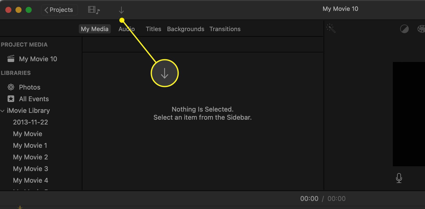 Aplikace iMovie zobrazující šipku importu