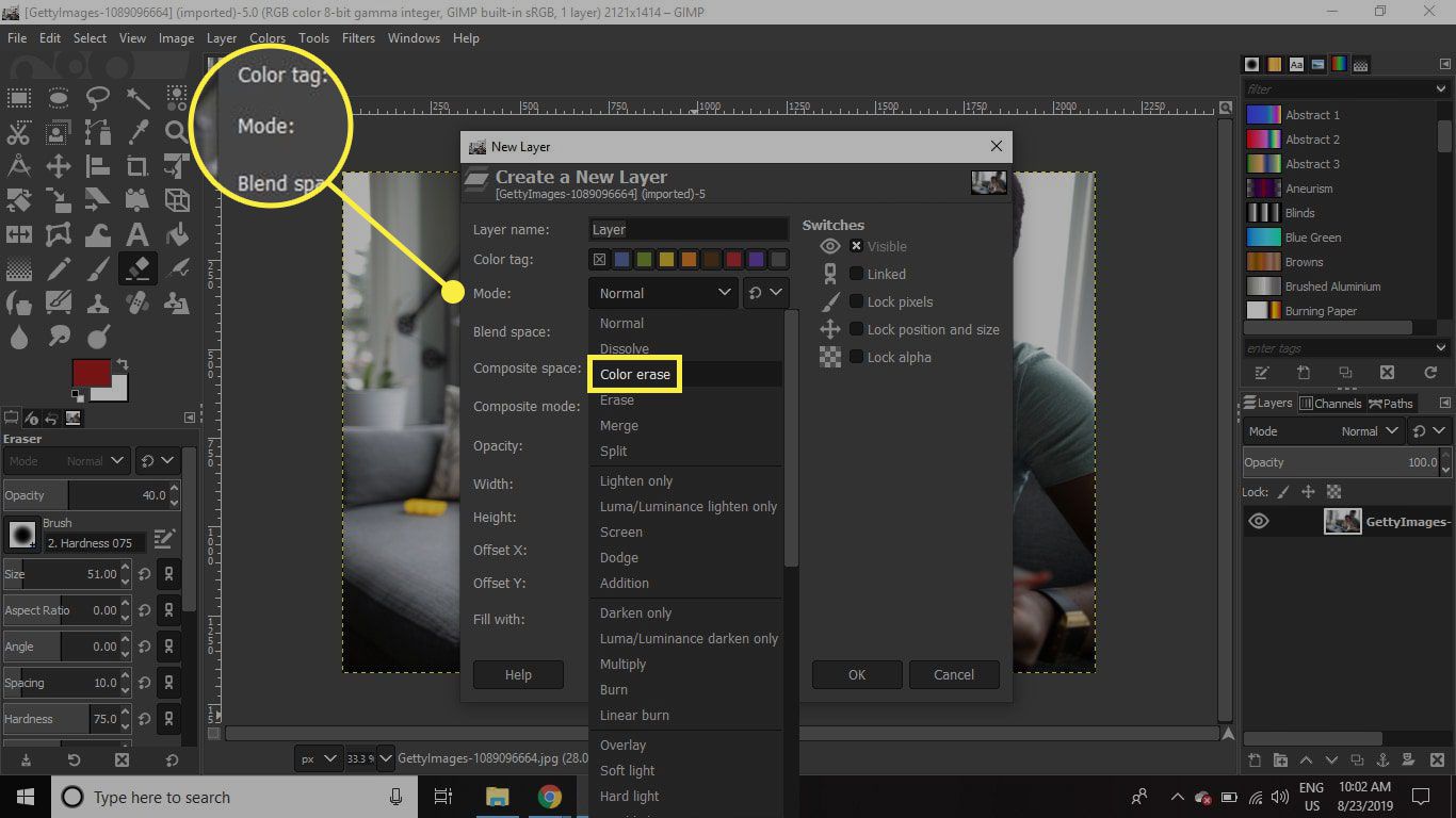 Snímek obrazovky okna Nová vrstva v GIMPu se zvýrazněnou nabídkou Mode a možností Color Erase