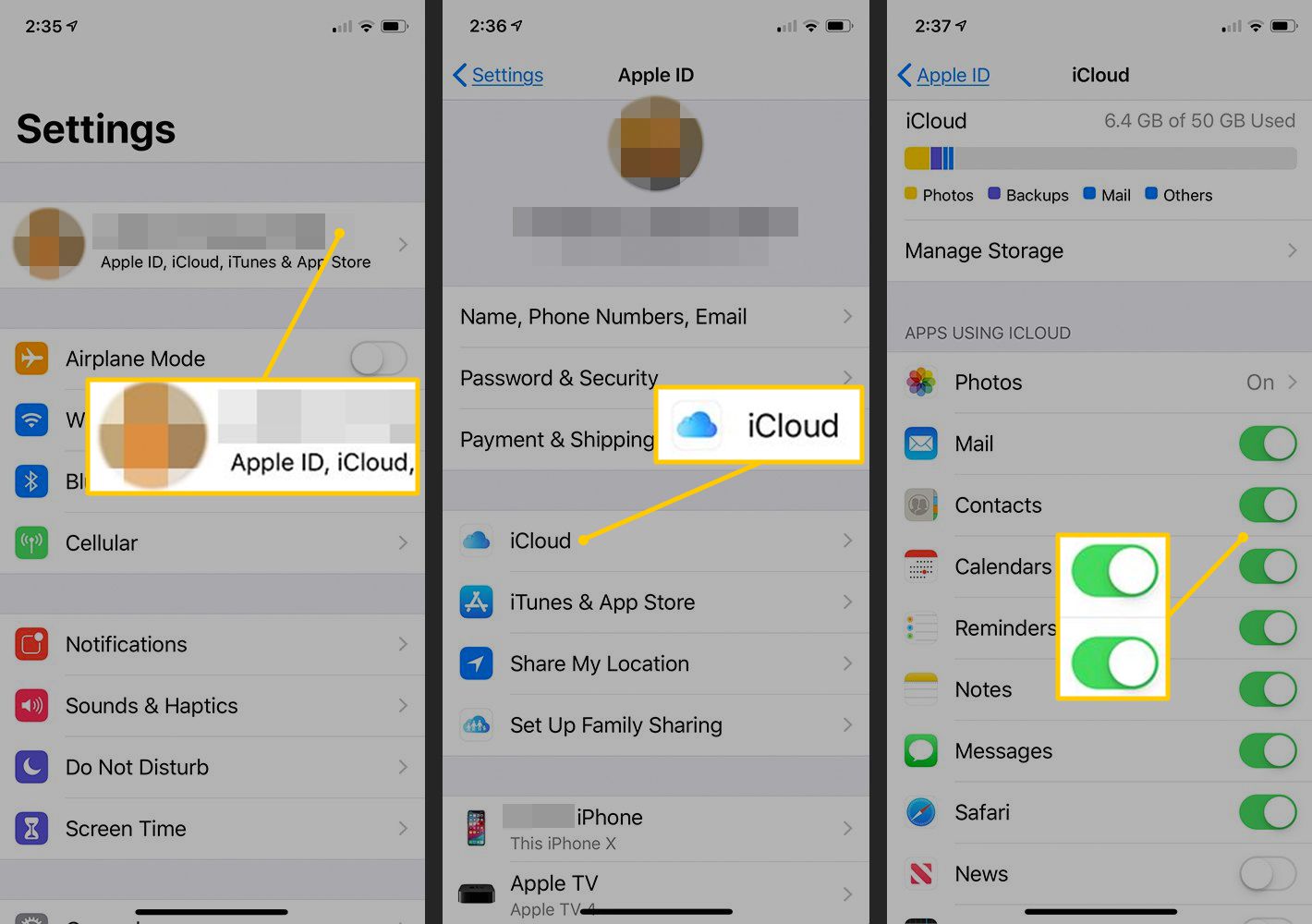 Apple ID, iCloud, přepínací tlačítka v Nastavení iOS