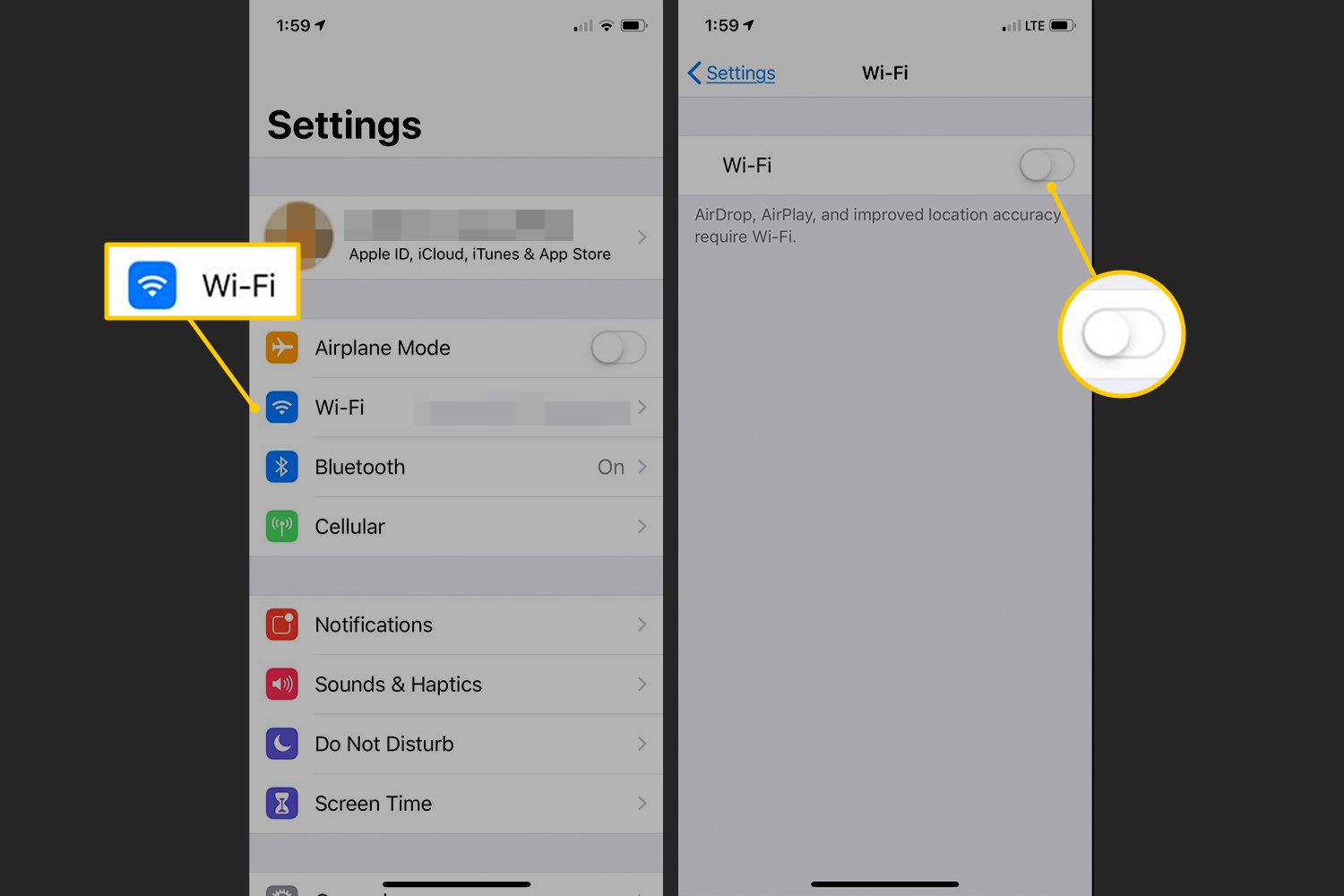 Připojení Wi-Fi a Wi-Fi se v nastavení iOS vypínají