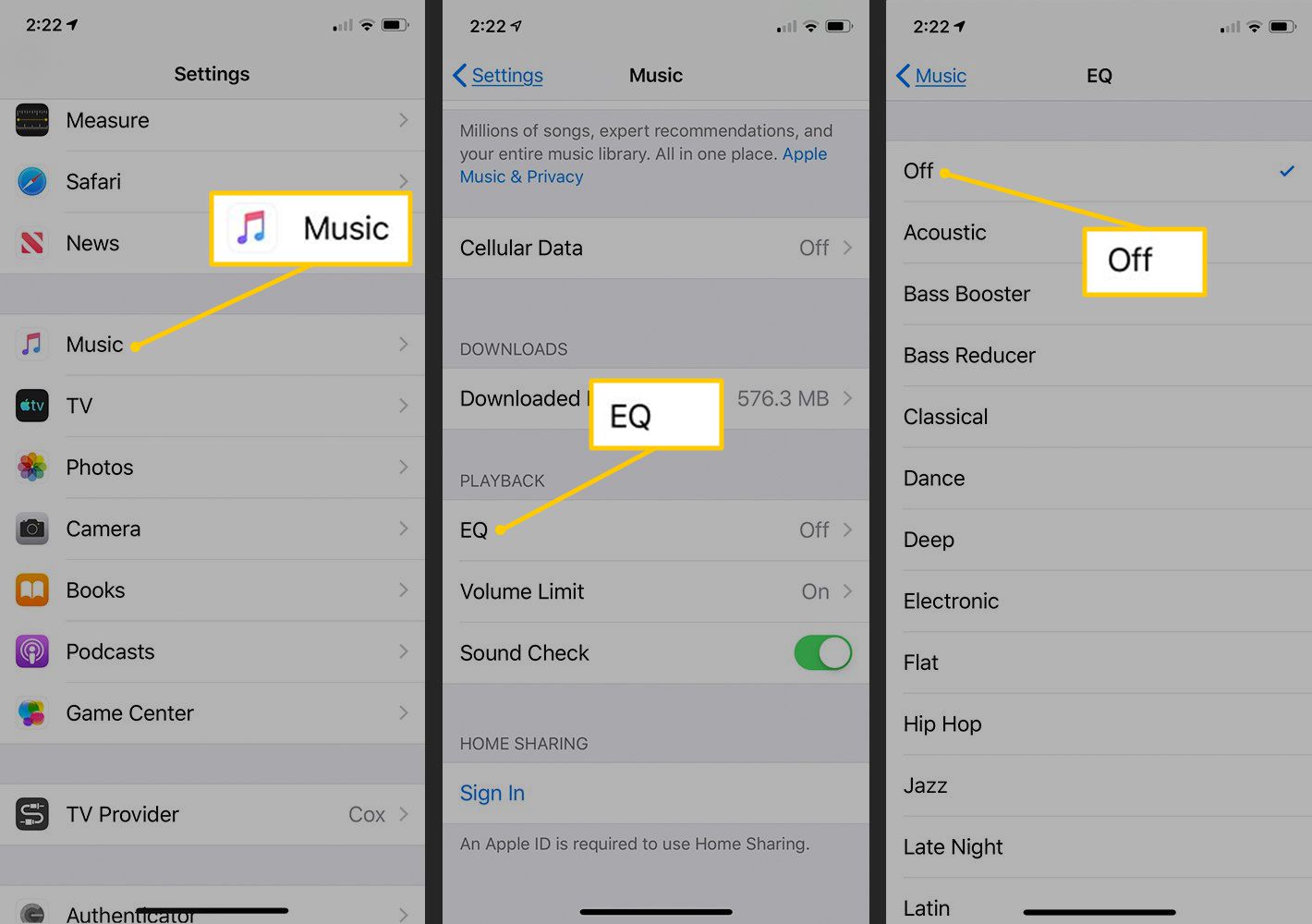 V nastavení iOS tlačítka Hudba, EQ, Vypnuto