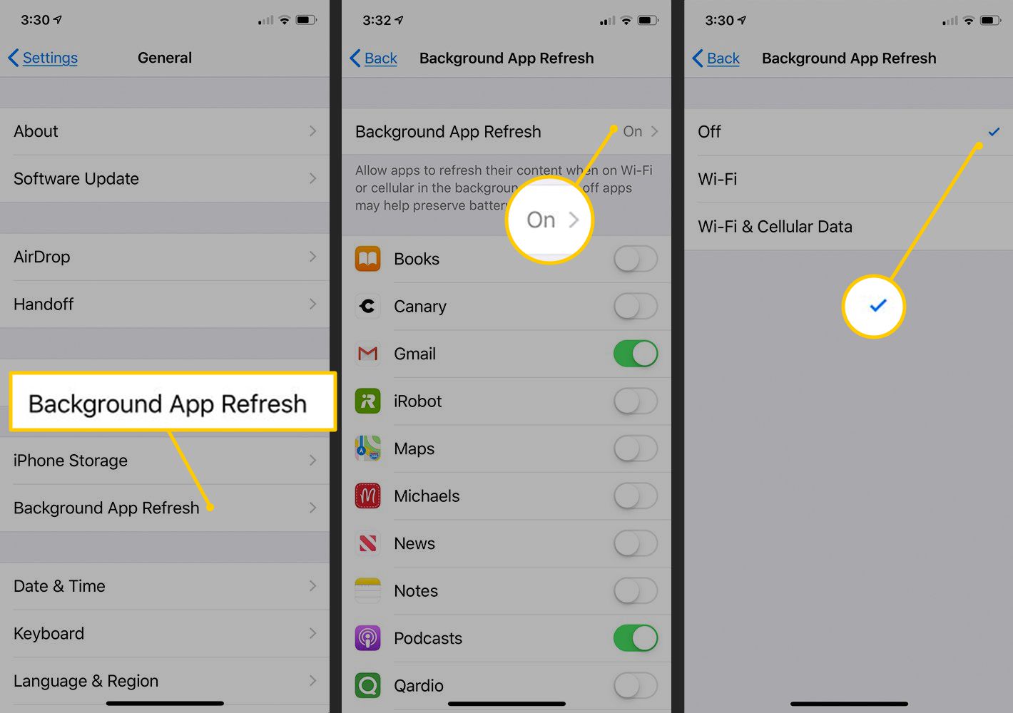 Obnovení aplikace na pozadí, zapnuto, vypnuto v nastavení iOS