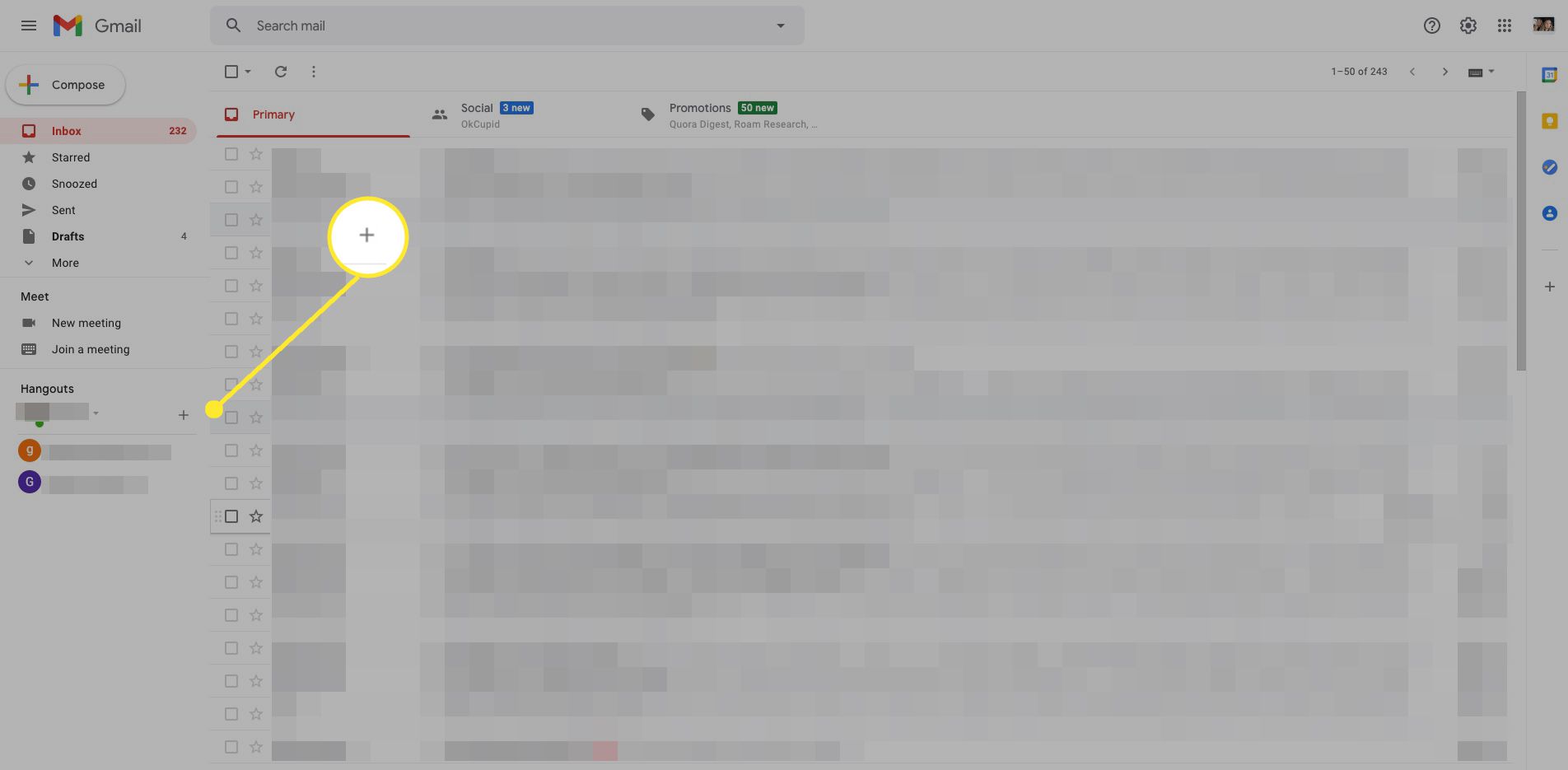 Gmail Hangouts se zvýrazněným znaménkem plus