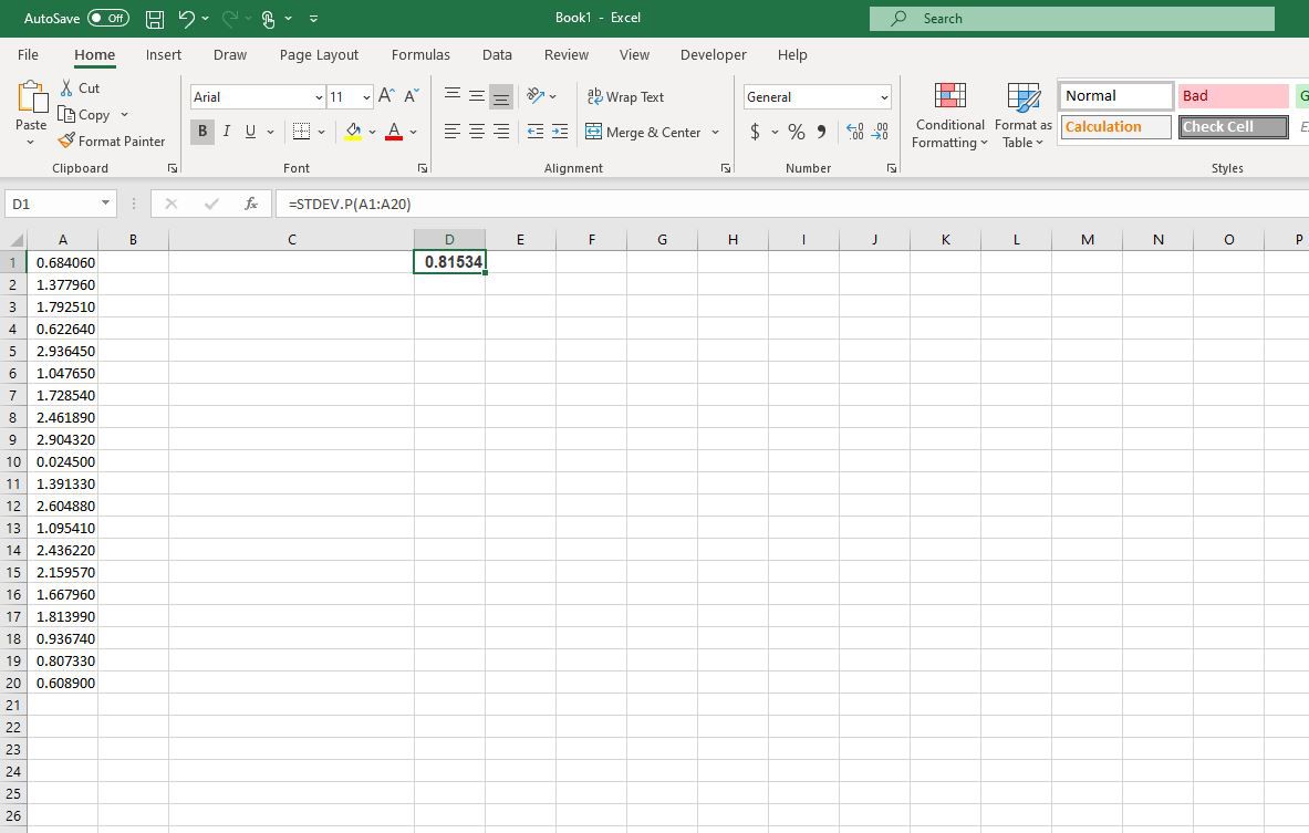 Vzorec standardní odchylky v aplikaci Excel