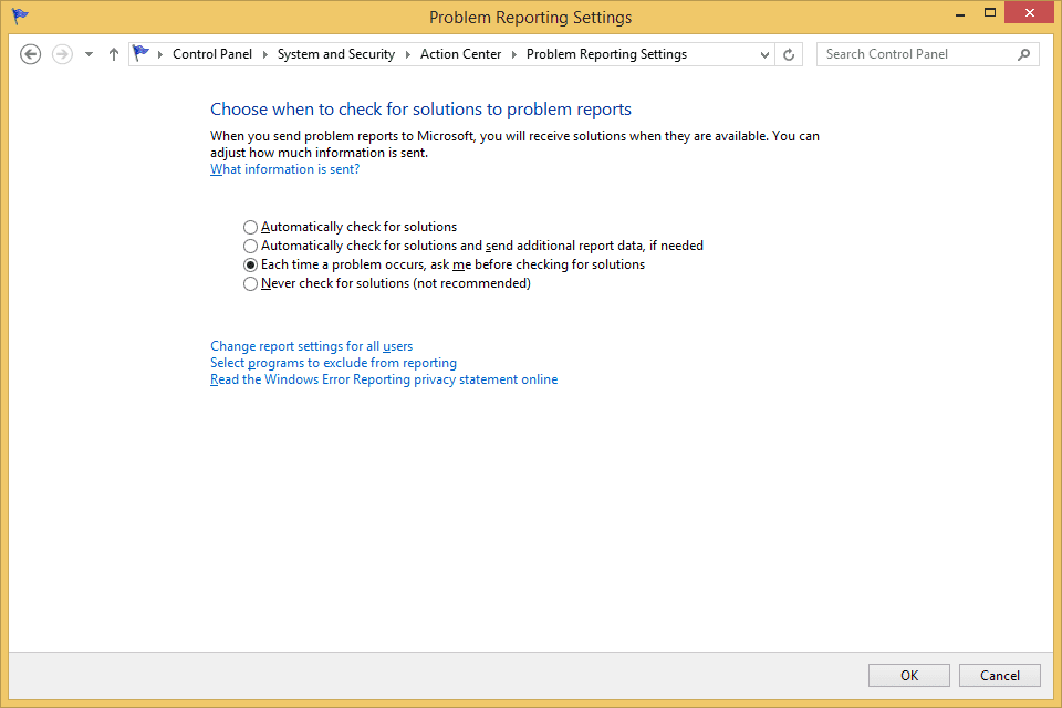 Snímek obrazovky zobrazující možnosti hlášení chyb v systému Windows 8
