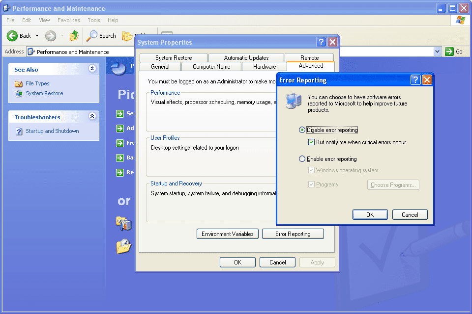 Snímek obrazovky ukazující, jak vypnout hlášení chyb systému Windows XP