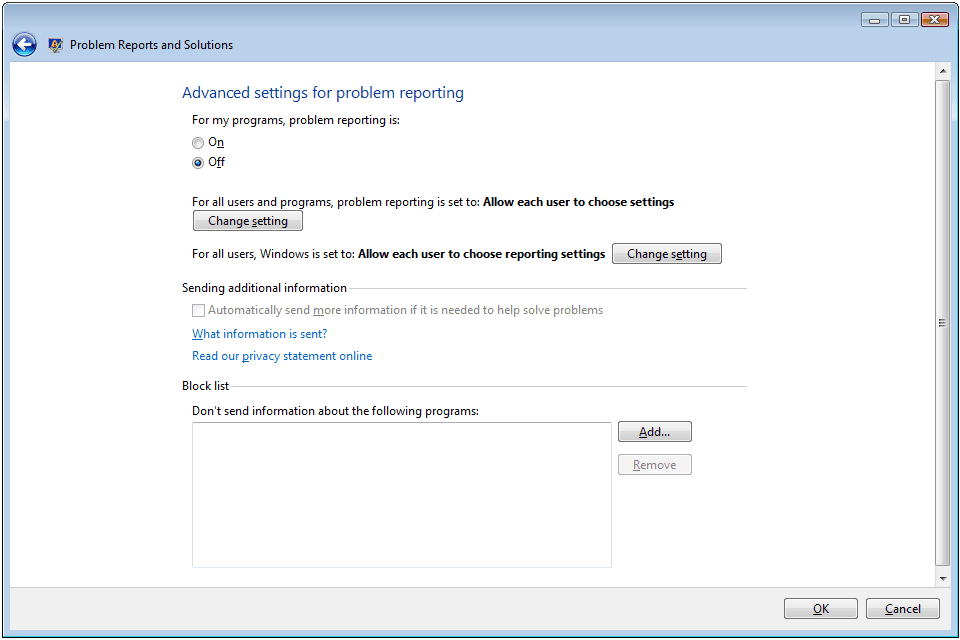 Snímek obrazovky ukazující, jak ve Windows Vista vypnout hlášení chyb systému Windows