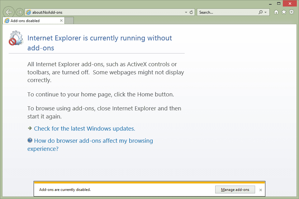 Snímek obrazovky nouzového režimu aplikace Internet Explorer
