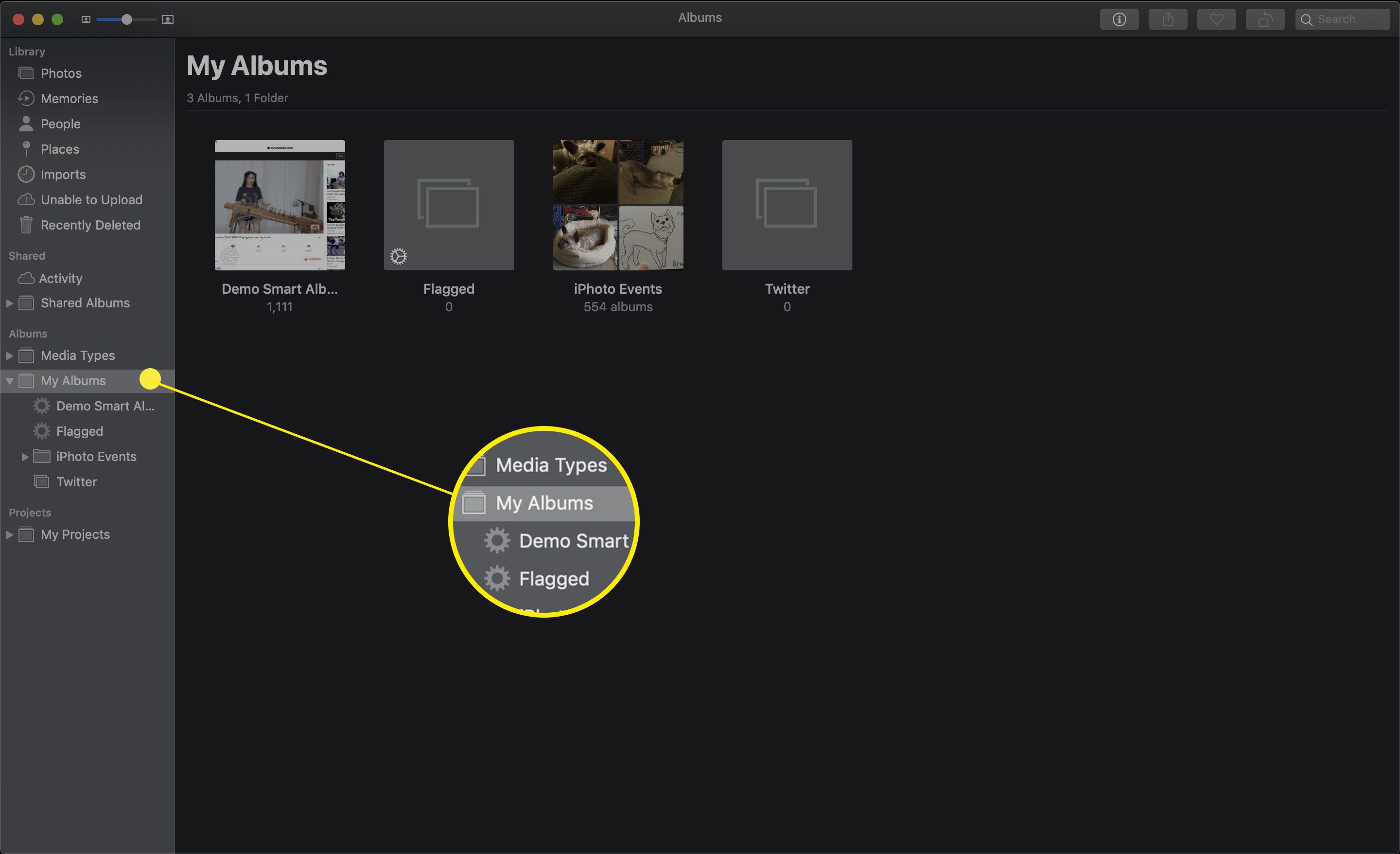 Inteligentní album z levého podokna aplikace Fotky pro Mac