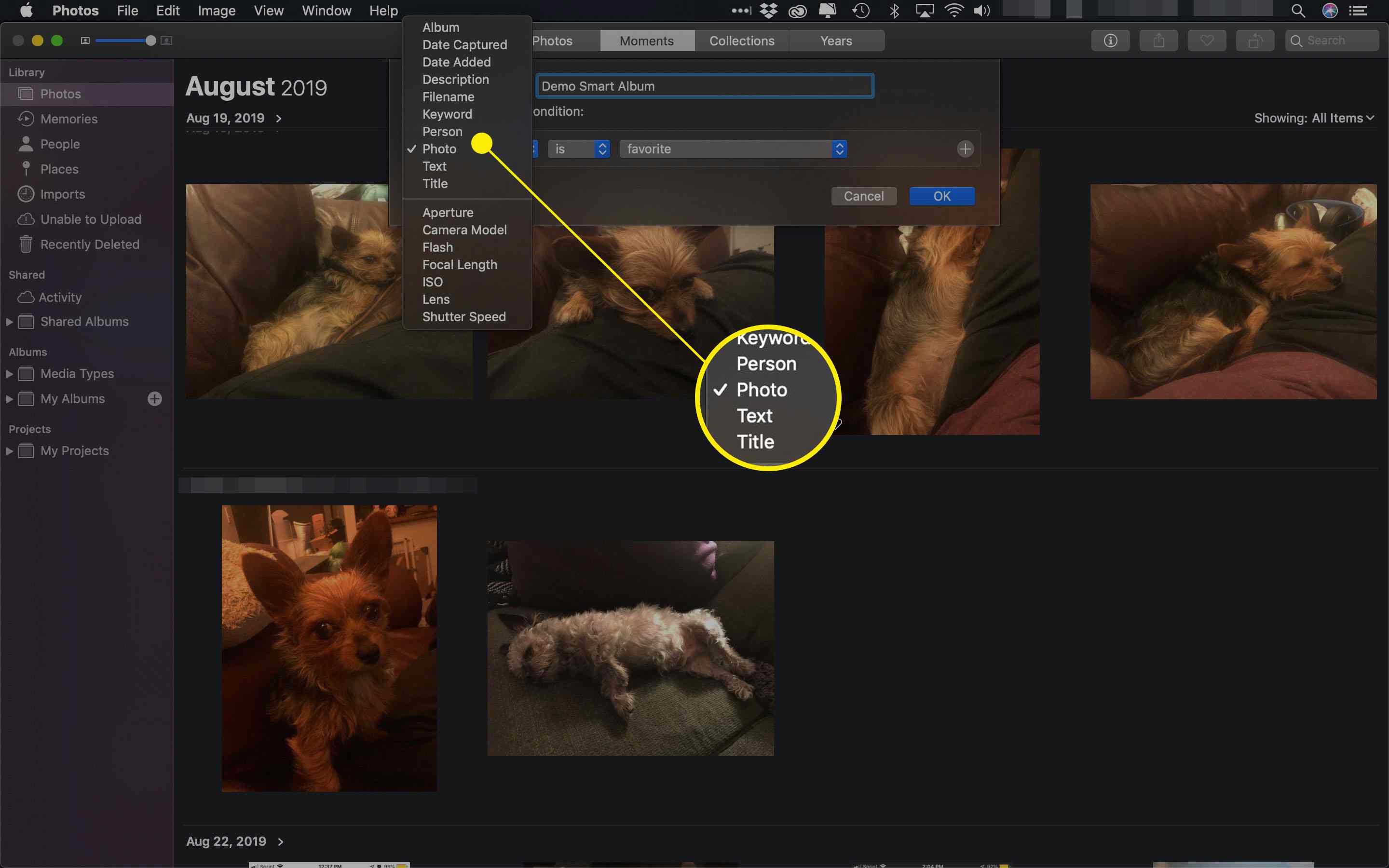 První sada kritérií inteligentního alba v aplikaci Photos for Mac