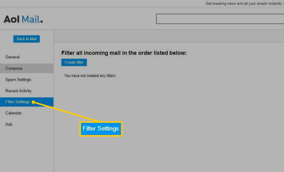 Možnost nastavení filtru v AOL Mail