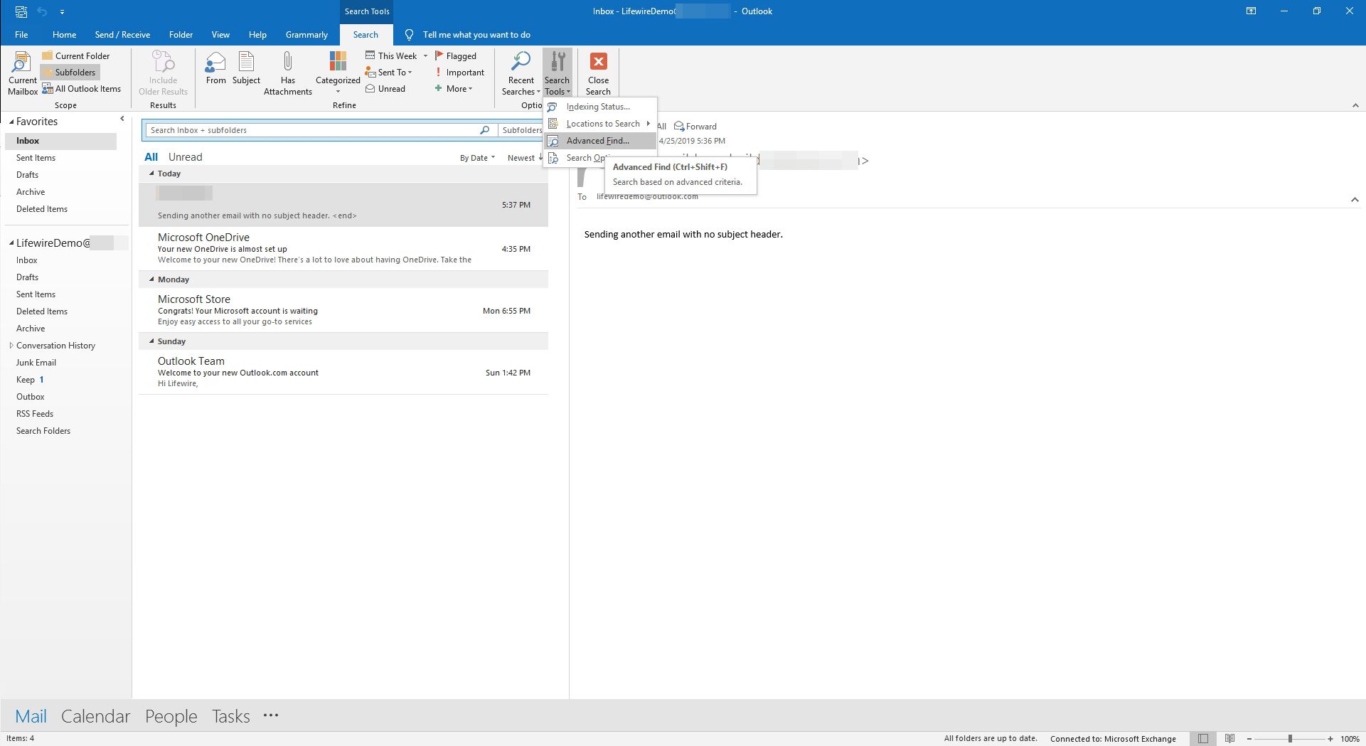 Otevření rozšířeného vyhledávače e -mailů v aplikaci Outlook.