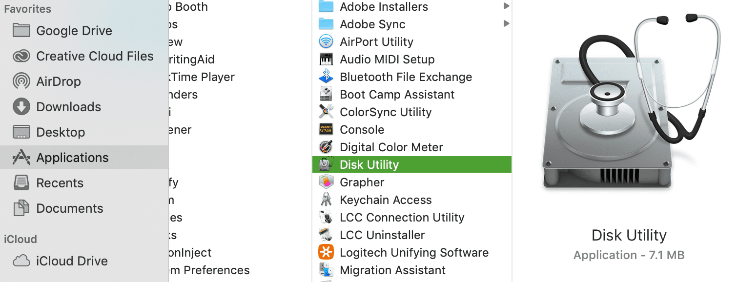Disk Utility je vybrán v okně Finder.