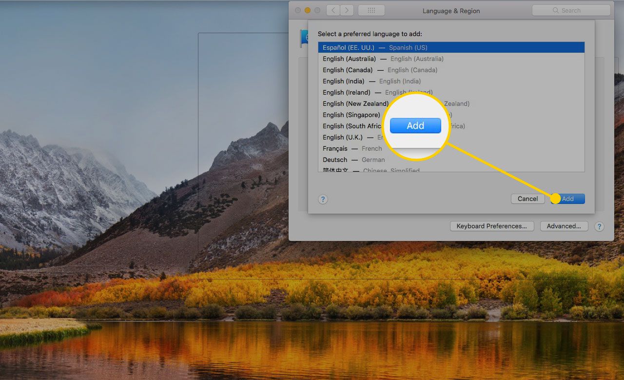 Obrazovka jazyků v předvolbách systému macOS se zvýrazněným tlačítkem Přidat