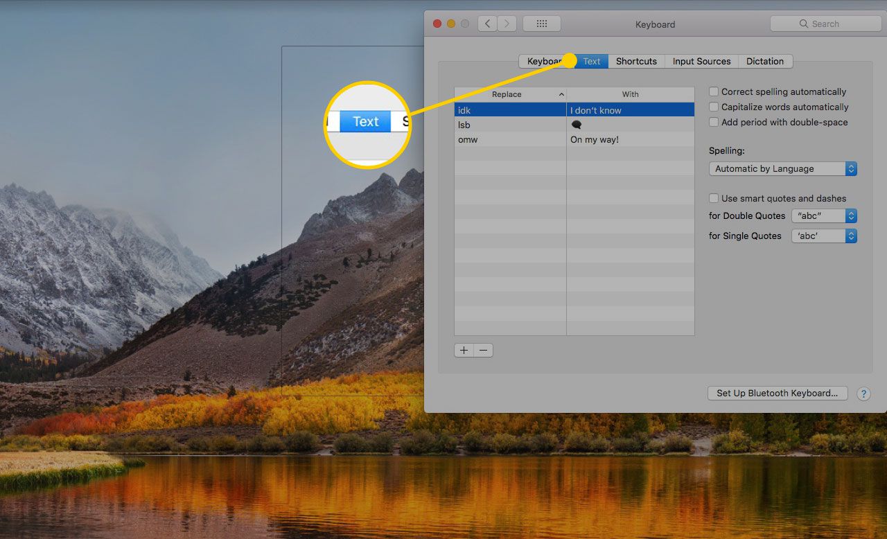 Předvolby klávesnice v nastavení systému macOS se zvýrazněnou záložkou Text