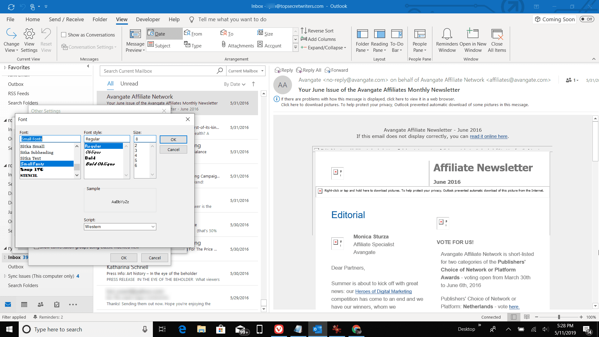 Snímek obrazovky s nastavením písem v aplikaci Outlook