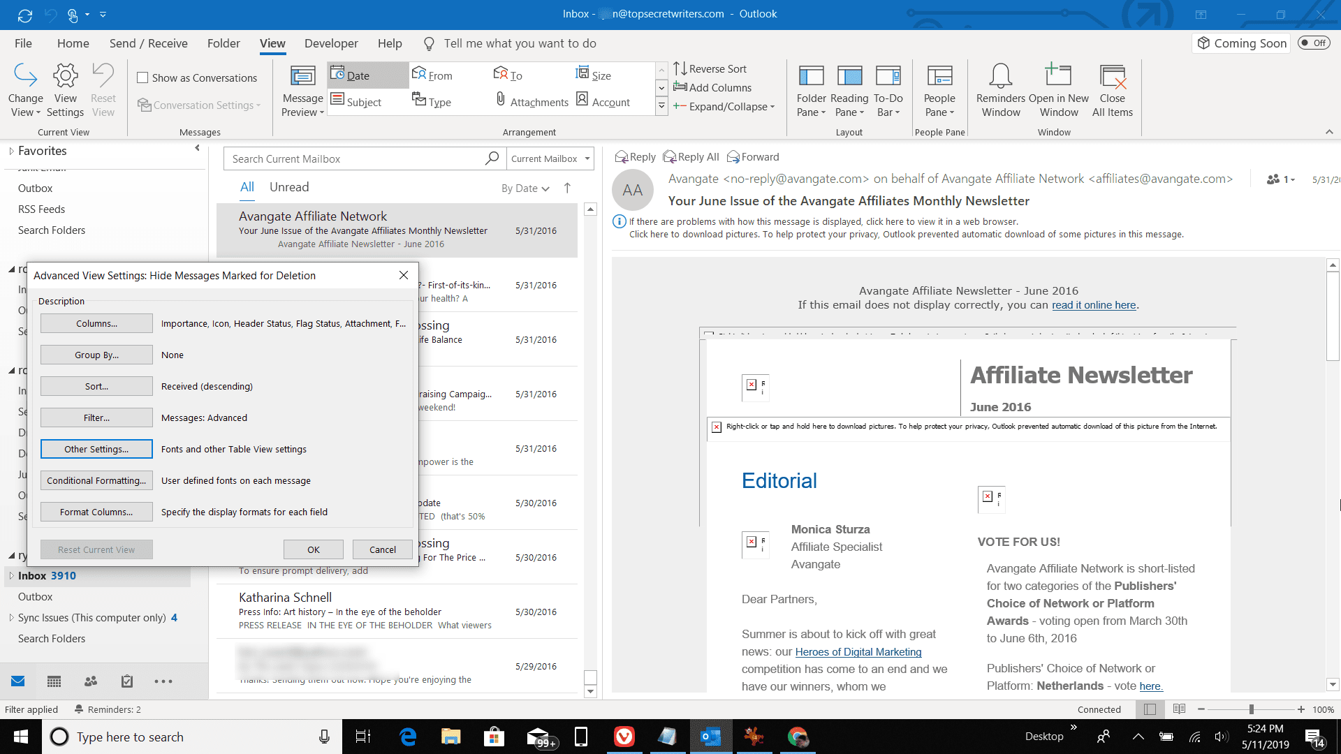 Snímek obrazovky Rozšířená nastavení zobrazení v aplikaci Outlook