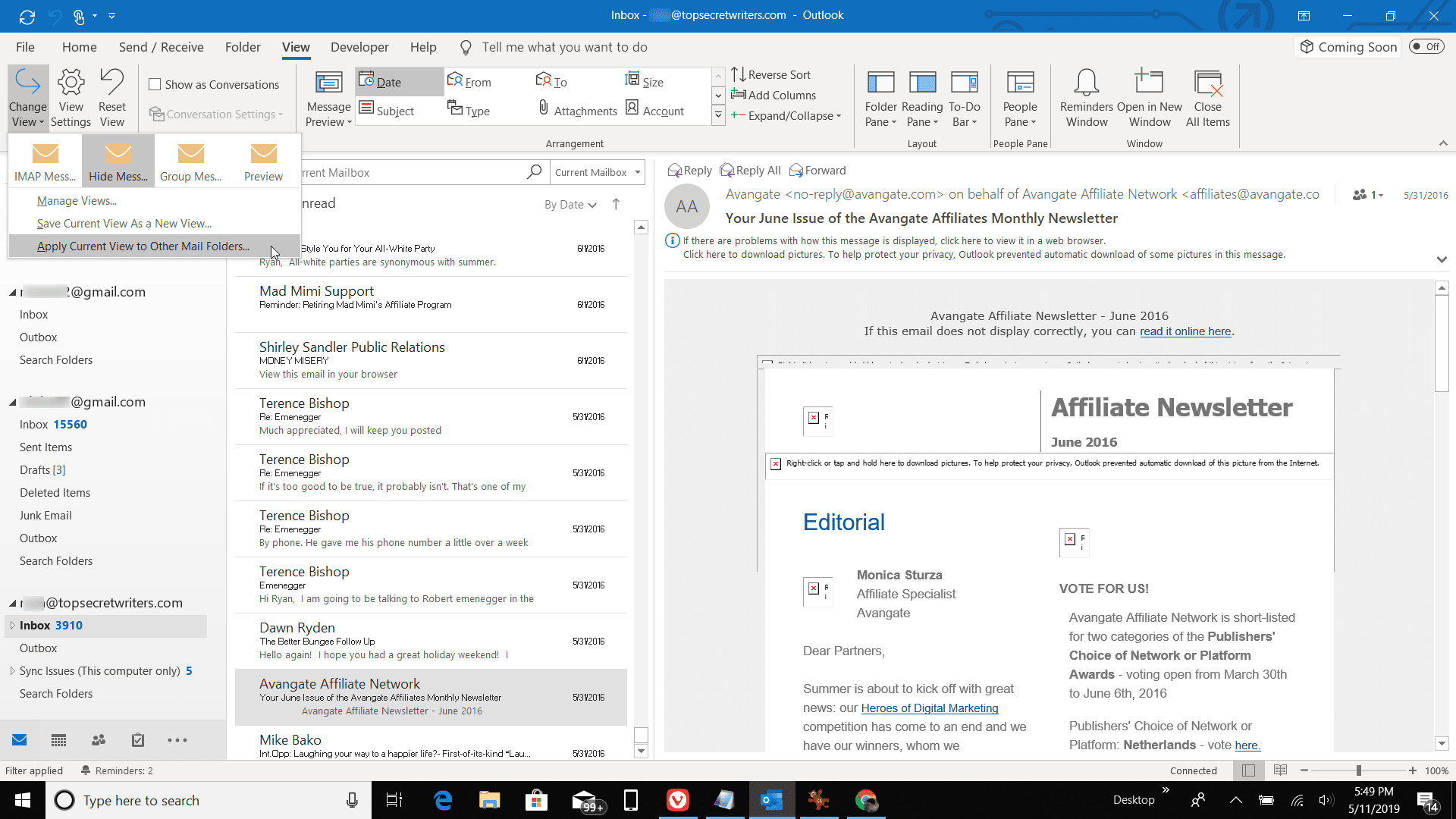 Snímek obrazovky Použít aktuální zobrazení v aplikaci Outlook