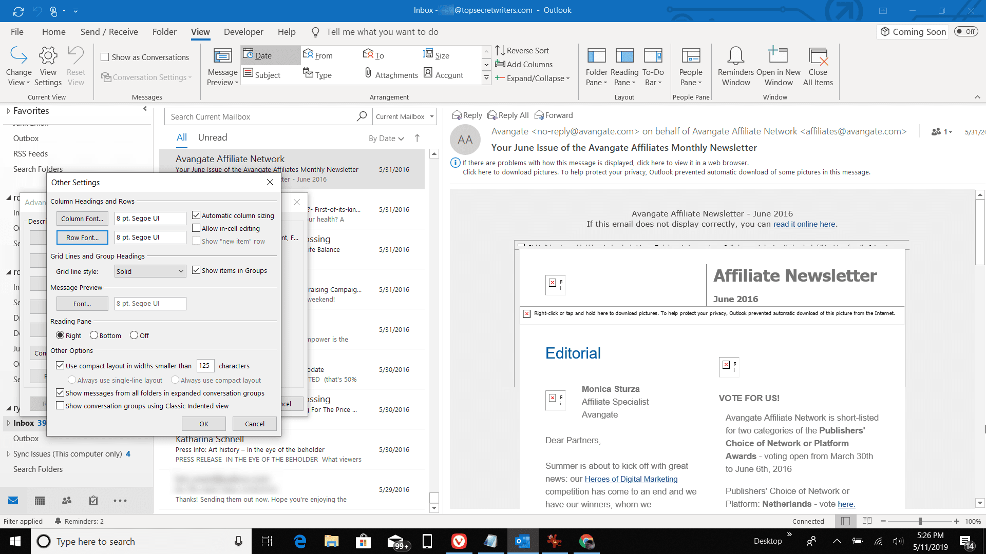 Snímek obrazovky s řádkovým písmem v aplikaci Outlook