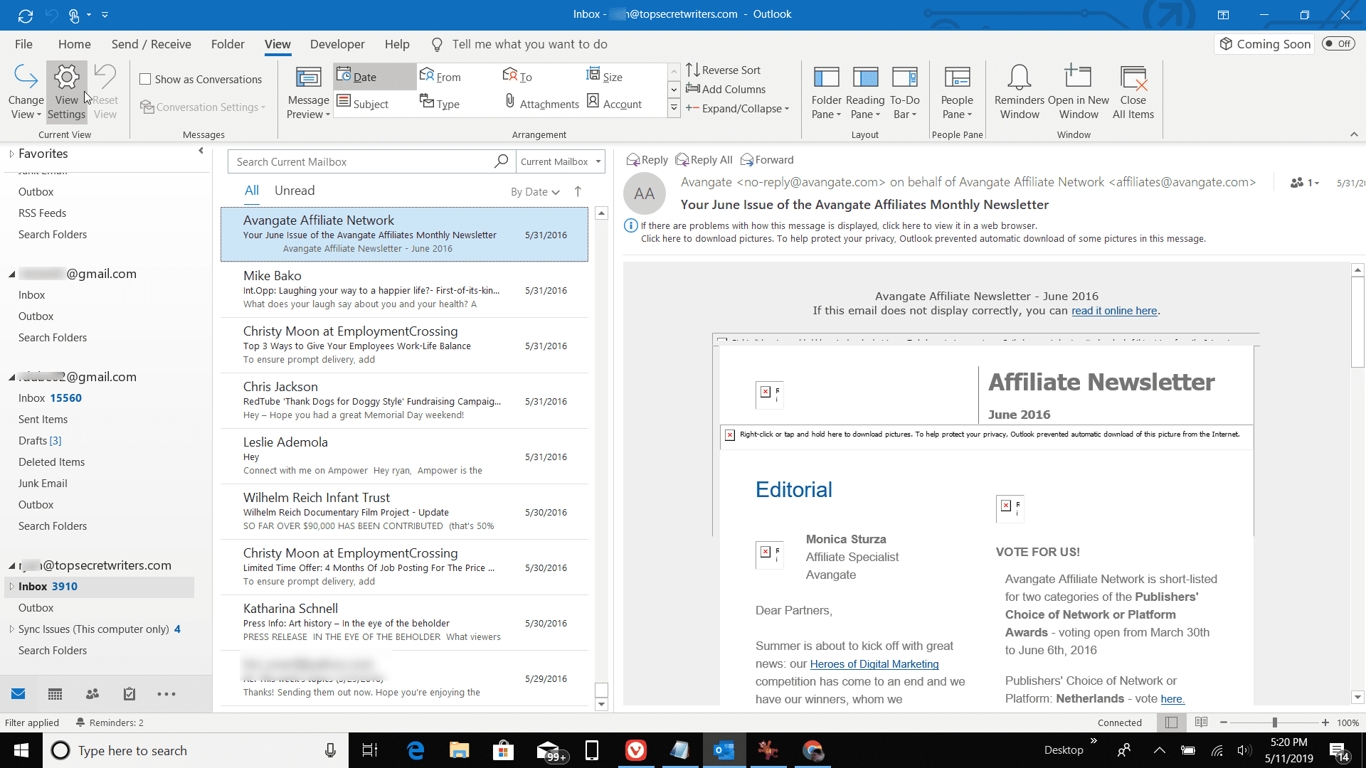 Snímek obrazovky Nastavení zobrazení v aplikaci Outlook