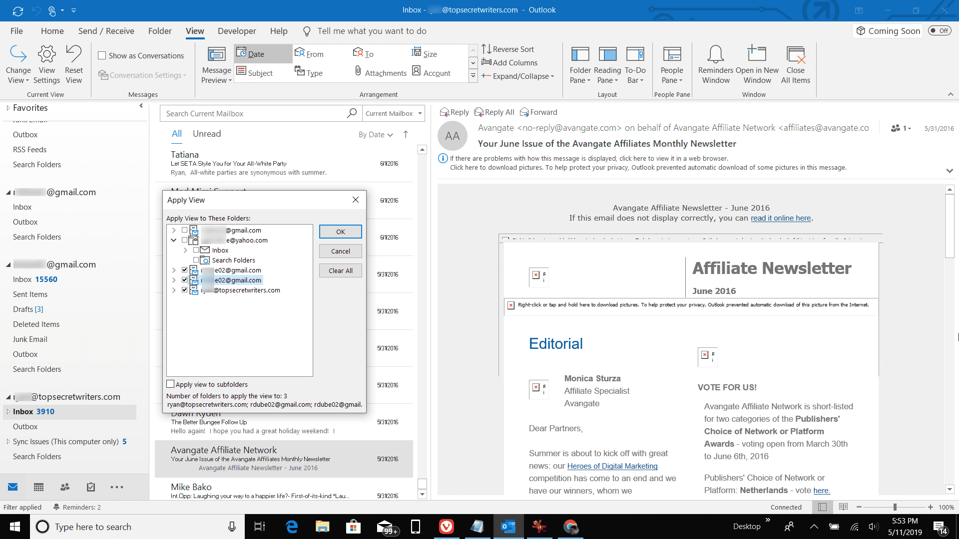 Snímek obrazovky s výběrem složek pro použití zobrazení v aplikaci Outlook
