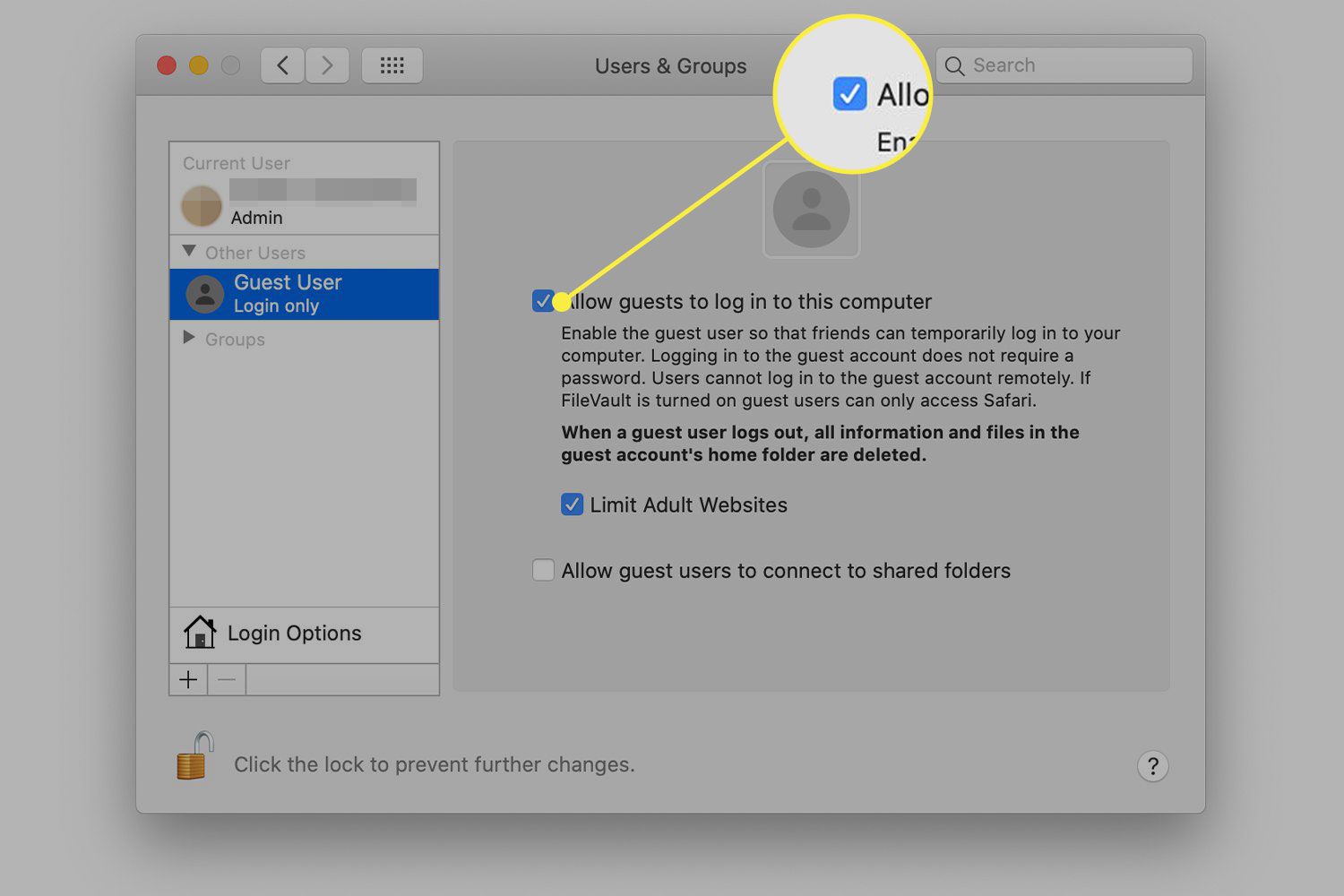 Snímek obrazovky uživatelů a skupin v systému macOS se zvýrazněnou možností „Povolit hostům přihlášení do tohoto počítače“