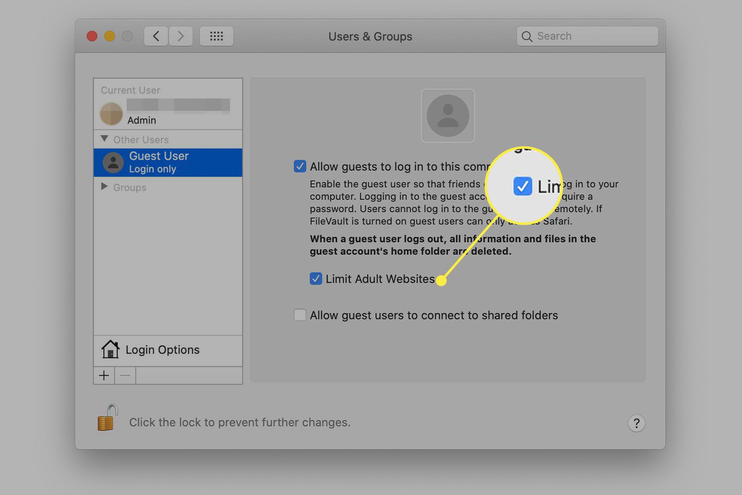 Snímek obrazovky uživatelů a skupin systému macOS s příponou "Omezit webové stránky pro dospělé" zvýrazněná možnost