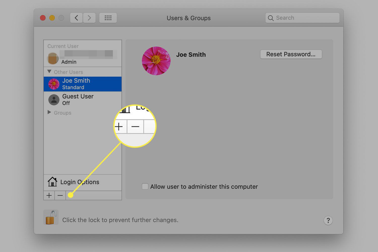 Snímek obrazovky uživatelů a skupin v systému macOS se zvýrazněným znaménkem mínus