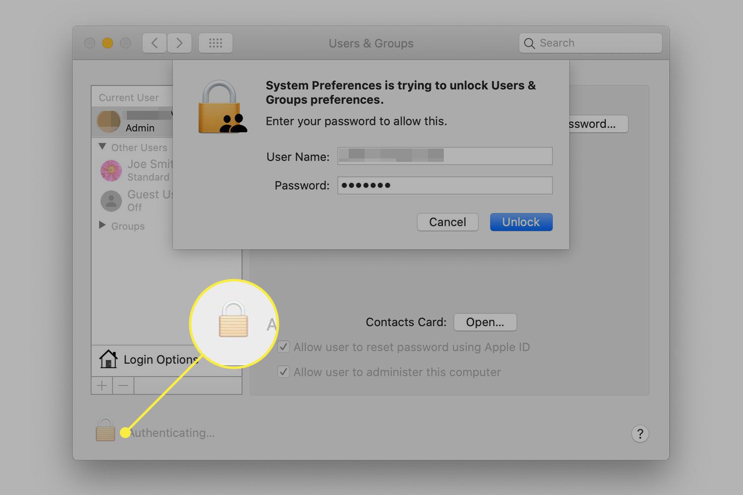 Snímek obrazovky s nabídkou Uživatelé a skupiny v systému macOS se zvýrazněnou ikonou zámku