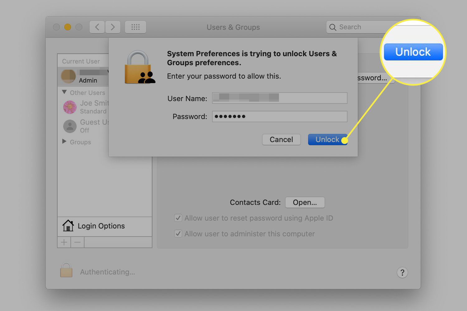Snímek obrazovky s předvolbami Uživatelé a skupiny v systému macOS se zvýrazněným tlačítkem Odemknout ověřování