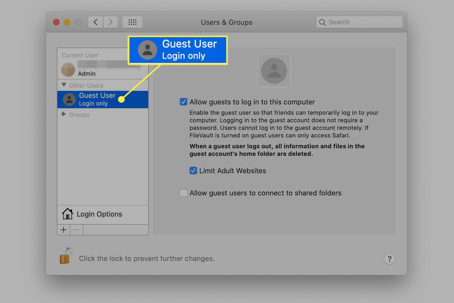 Snímek obrazovky okna Uživatelé a skupiny v systému macOS se zvýrazněnou položkou Hostující uživatel