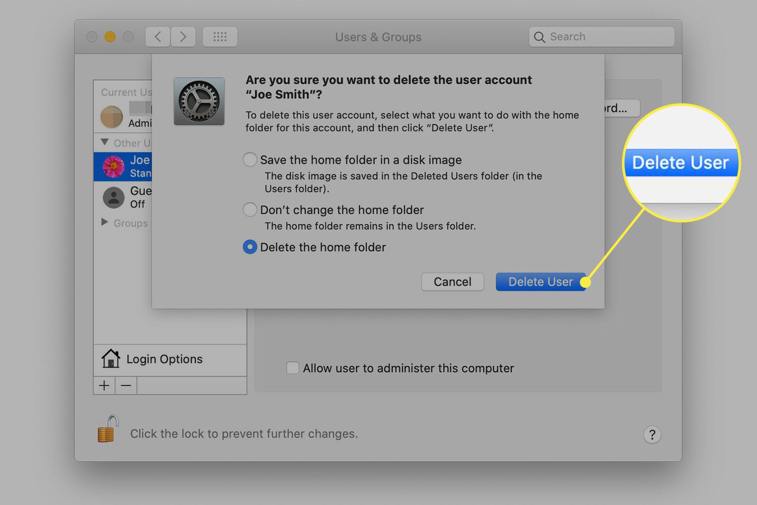 Snímek obrazovky potvrzovacího okna Odstranit uživatele se systémem MacOS se zvýrazněným tlačítkem Odstranit uživatele